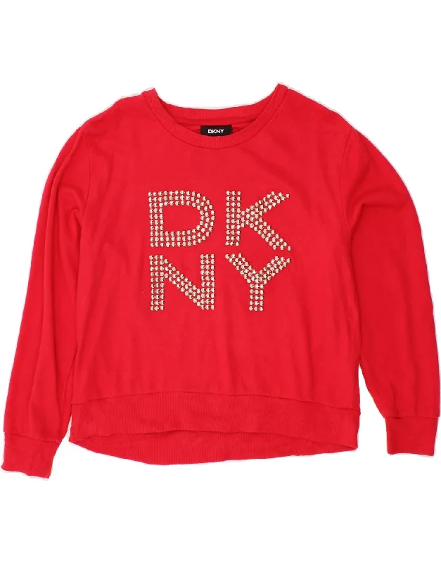 DKNY Womens Graphic Sweatshirt Jumper UK 14 Medium Red Cotton Hoodie with Earth Tones Natural Calm DKNY Womens Graphic Sweatshirt Jumper UK 14 Medium Red Cotton Hoodie with Earth Tones Natural Calm