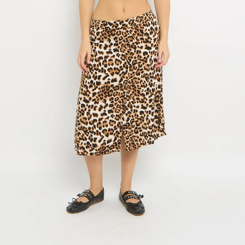 Leopard Print Button Pleated Midi Skirt - UK 6 midi skirt versatile