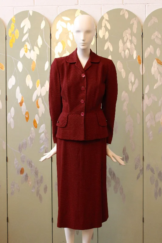 Vintage 1950s Fitted Deep Red Skirt Suit Set, Fall Suit, XS button skirt front