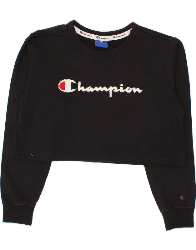 CHAMPION Womens Crop Graphic Sweatshirt Jumper UK 6 XS Black Cotton Hoodie with Drop Shoulder Relaxed Streetwear CHAMPION Womens Crop Graphic Sweatshirt Jumper UK 6 XS Black Cotton Hoodie with Drop Shoulder Relaxed Streetwear