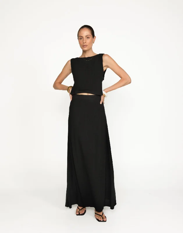 Aleah Maxi Skirt (Black) button skirt front