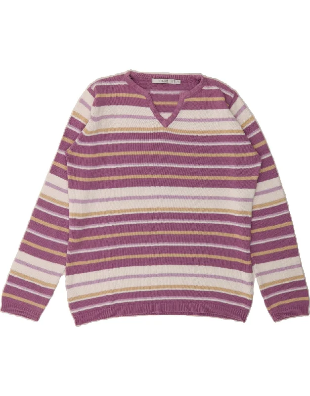 EWM Womens V-Neck Jumper Sweater UK 14 Medium Purple Striped Cotton Satin Blend Silk Blend Wool Blend EWM Womens V-Neck Jumper Sweater UK 14 Medium Purple Striped Cotton Satin Blend Silk Blend Wool Blend
