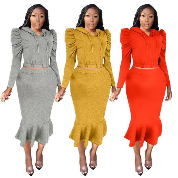 9S03912 newest design hooded petal sleeve top fishtail 2019 Ladies Two Piece skirt Set Women Clothing silk skirt elegant