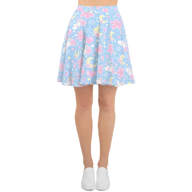 Cherry Blossom Dreams Blue Skater Skirt wool skirt thick
