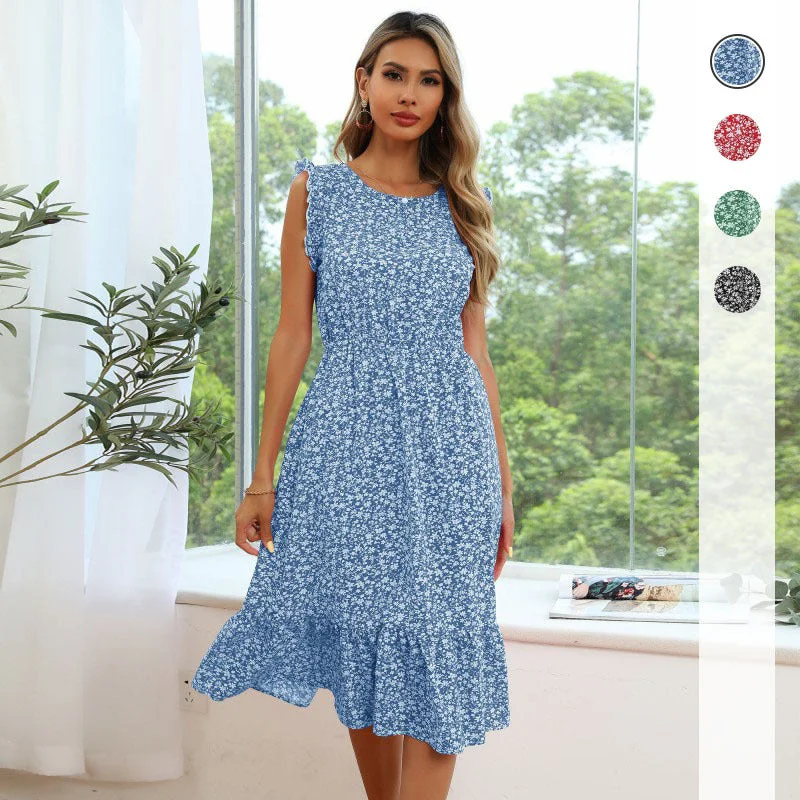 IKEARLAX Cross-border Hot Trade Summer Floral Dress Lotus Leaf Sleeve Printed Dress Tunics Essential wardrobe IKEARLAX Cross-border Hot Trade Summer Floral Dress Lotus Leaf Sleeve Printed Dress Tunics Essential wardrobe