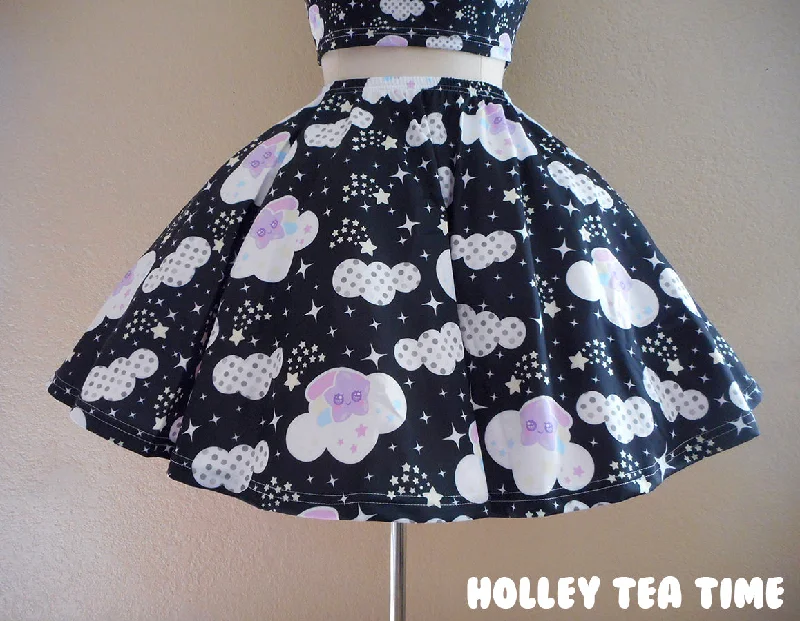 Shooting Star Clouds Black Skater Skirt [Made To Order] wool skirt warm