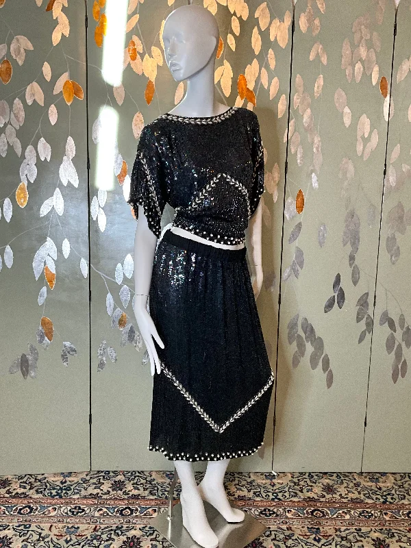 Vintage 1980s Black Silk Sequin and Bead 2-Piece Top and Skirt Set, Large wool skirt sturdy