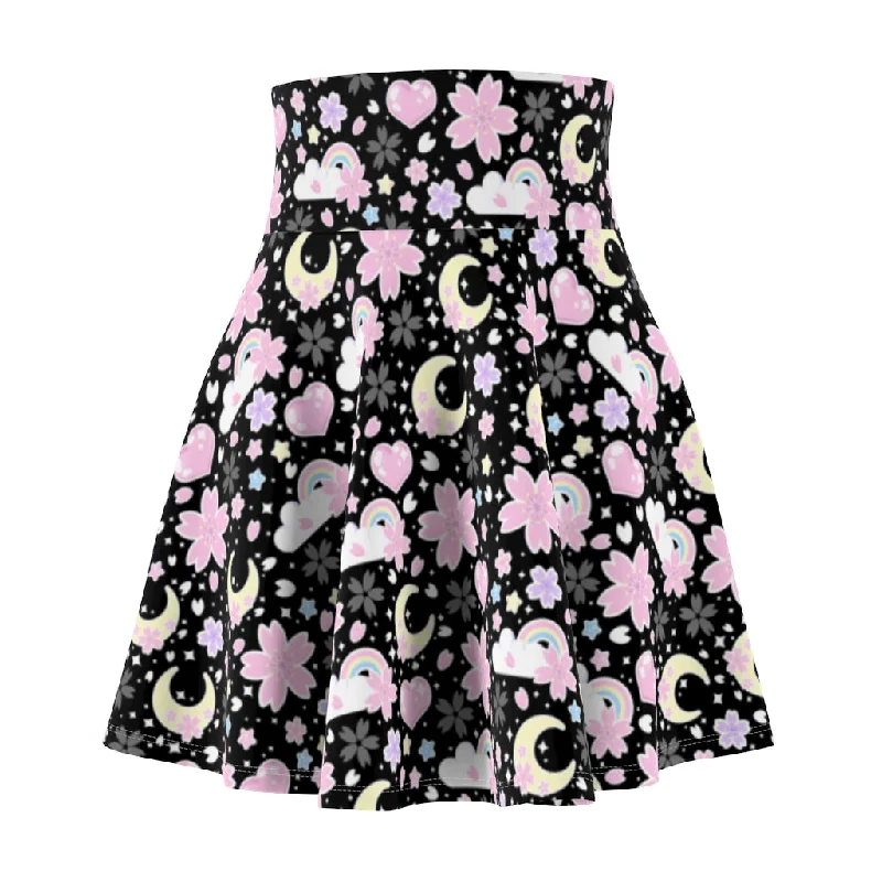 Cherry Blossom Dreams Black High Waist Skater Skirt wool skirt sturdy