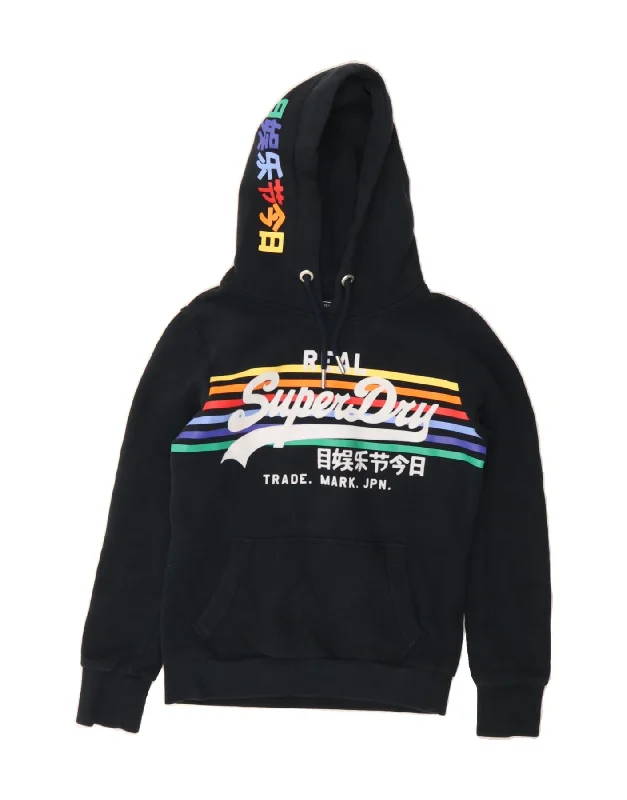SUPERDRY Womens Graphic Hoodie Jumper UK 8 Small Navy Blue Cotton Hoodie with Applique Textured Unique SUPERDRY Womens Graphic Hoodie Jumper UK 8 Small Navy Blue Cotton Hoodie with Applique Textured Unique