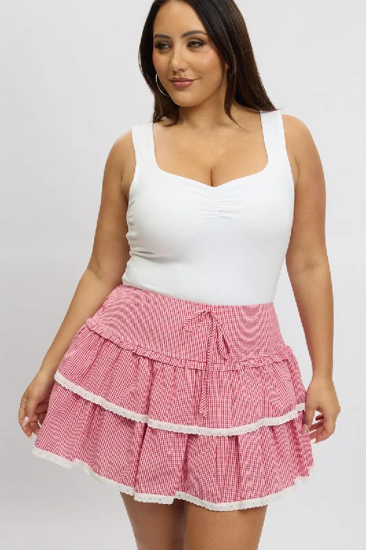 Red Check Ruffle Gingham Lace Trim Mini Skirt leather skirt sleek