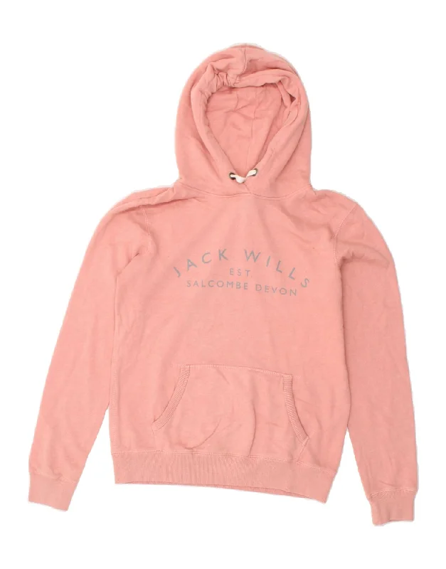 JACK WILLS Womens Graphic Hoodie Jumper UK 10 Small Pink Cotton Hoodie with Hem Raw Edge Edgy Unfinished JACK WILLS Womens Graphic Hoodie Jumper UK 10 Small Pink Cotton Hoodie with Hem Raw Edge Edgy Unfinished