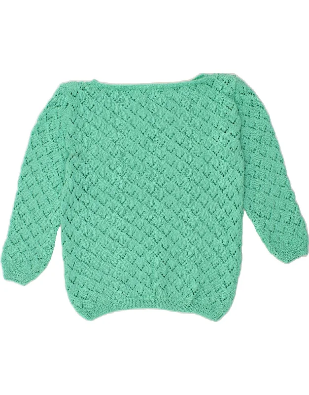 VINTAGE Womens 3/4 Sleeve Boat Neck Jumper Sweater UK 14 Medium Turquoise Zippered Buttoned Snapped VINTAGE Womens 3/4 Sleeve Boat Neck Jumper Sweater UK 14 Medium Turquoise Zippered Buttoned Snapped