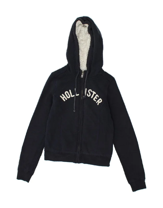 HOLLISTER Womens Graphic Crop Zip Hoodie Sweater UK 10 Small Navy Blue Hoodie with Exposed Zipper Edgy Industrial HOLLISTER Womens Graphic Crop Zip Hoodie Sweater UK 10 Small Navy Blue Hoodie with Exposed Zipper Edgy Industrial