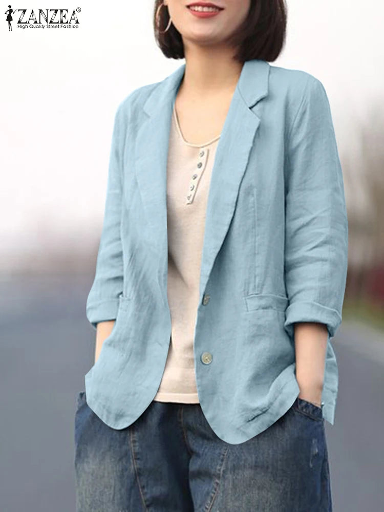 ZANZEA Fashion OL Work Blazer Long Sleeve Lapel Neck Shirt Woman Elegant Solid Color Outwear Female Vintage Button Jackets 2023 A-Line Jacket Boat Neck Shawl Collar