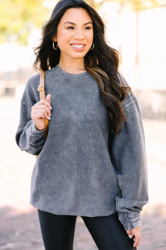 You're So Classic Charcoal Gray Corded Sweatshirt Hoodie with Lace Feminine Delicate You're So Classic Charcoal Gray Corded Sweatshirt Hoodie with Lace Feminine Delicate