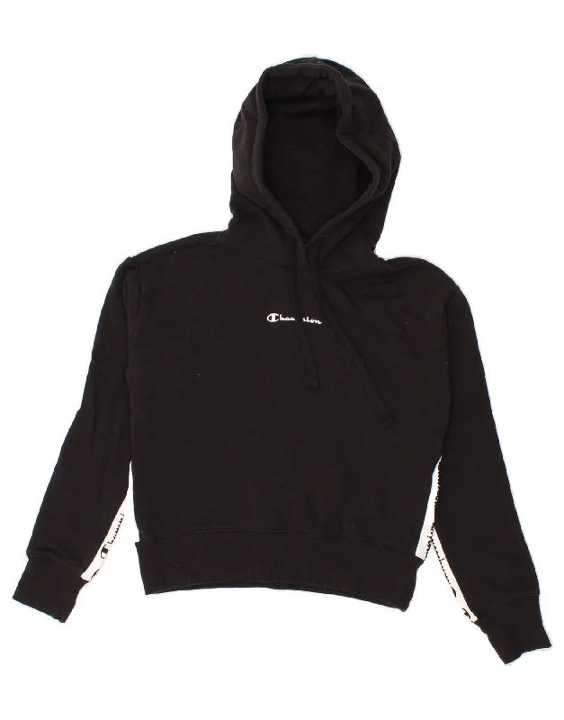 CHAMPION Womens Graphic Hoodie Jumper UK 6 XS Black Cotton Hoodie with Hem Applique Textured Unique CHAMPION Womens Graphic Hoodie Jumper UK 6 XS Black Cotton Hoodie with Hem Applique Textured Unique