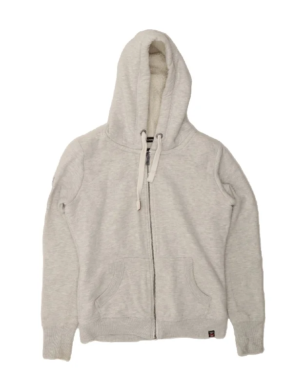 SUPERDRY Womens Zip Hoodie Sweater UK 10 Small Grey Cotton Hoodie with Illustration Artistic Creative SUPERDRY Womens Zip Hoodie Sweater UK 10 Small Grey Cotton Hoodie with Illustration Artistic Creative