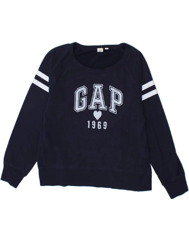 GAP Womens Graphic Sweatshirt Jumper UK 16 Large Navy Blue Cotton Hoodie with Double Zipper Versatile Adjustable GAP Womens Graphic Sweatshirt Jumper UK 16 Large Navy Blue Cotton Hoodie with Double Zipper Versatile Adjustable
