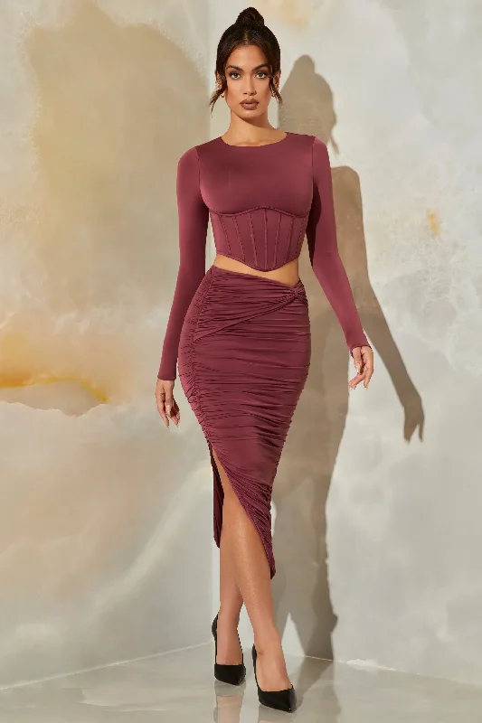 Ruched Maxi Skirt in Dark Mauve velvet skirt luxury