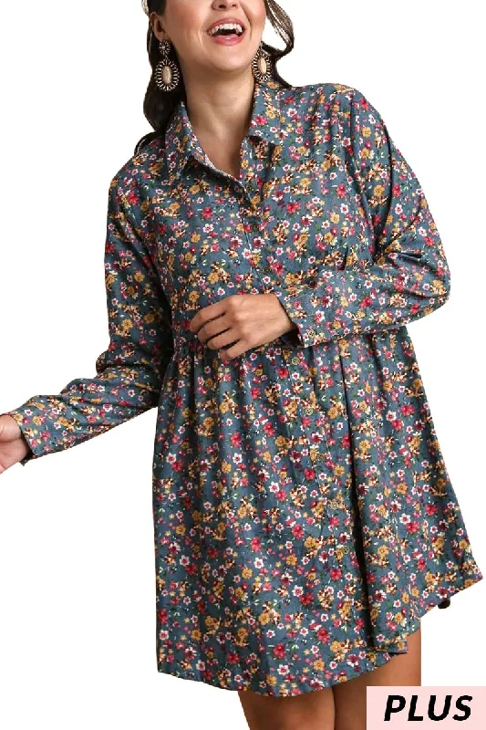 Dusty Blue Floral Corduroy Dress Tunics Review highly