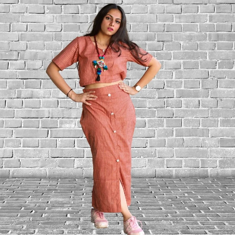 Top and Skirt Set For Women | Smart Relaxed Fit | Peach And Brown Stripe satin skirt smooth Top and Skirt Set For Women | Smart Relaxed Fit | Peach And Brown Stripe satin skirt smooth