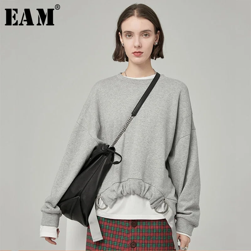 WILUXE Loose Fit Drawstring Metal Circle Sweatshirt New Round Neck Long Sleeve Women Big Size Fashion Autumn Winter 2019 JZ696 Hoodie with Color Block Contrast Stylish WILUXE Loose Fit Drawstring Metal Circle Sweatshirt New Round Neck Long Sleeve Women Big Size Fashion Autumn Winter 2019 JZ696 Hoodie with Color Block Contrast Stylish