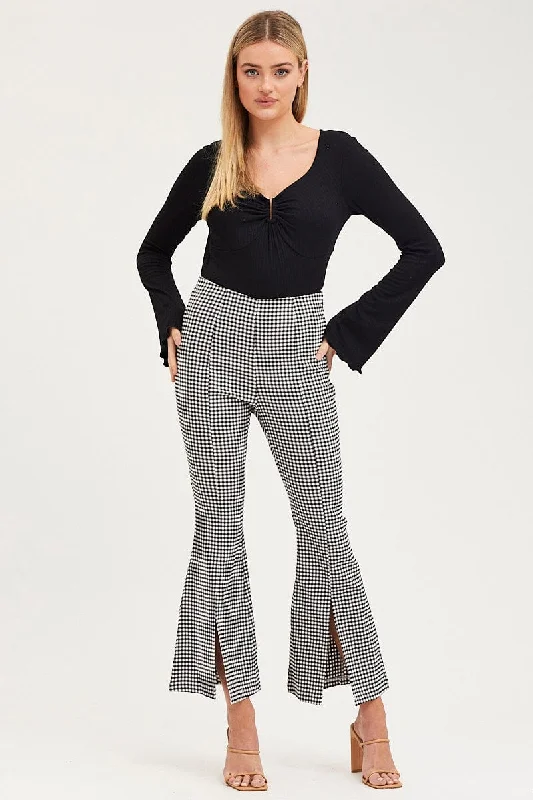 Check Flare Pants High Rise Front Split Formal Stretch Pants