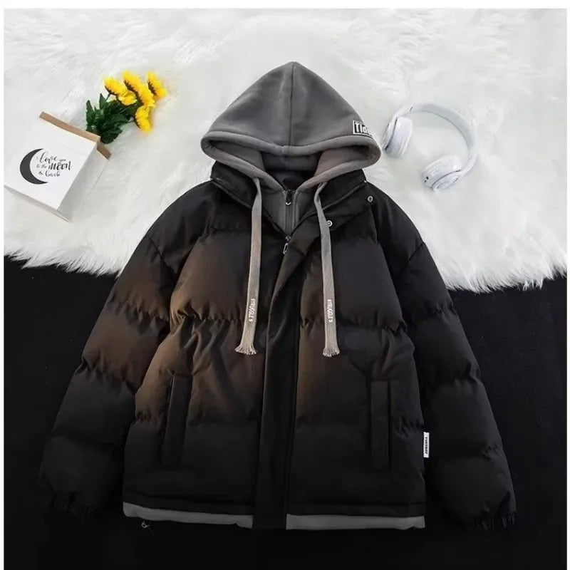Winter New Style Padded Jacket Thickened Hooded Two-piece Illusion Puffer Jacket For Men Women Loose-fit Couple Student Ribbed Jacket Pleated Jacket Ruffled Jacket Winter New Style Padded Jacket Thickened Hooded Two-piece Illusion Puffer Jacket For Men Women Loose-fit Couple Student Ribbed Jacket Pleated Jacket Ruffled Jacket