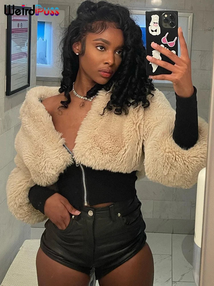 Weird Puss Furry Jacket Women Patchwork Thick Cotton-Padded Zipper Long Sleeve v-Neck Elegant Winter Wild Basic Streetwear Coat Zippered Front Buttoned Front Snap Front Weird Puss Furry Jacket Women Patchwork Thick Cotton-Padded Zipper Long Sleeve v-Neck Elegant Winter Wild Basic Streetwear Coat Zippered Front Buttoned Front Snap Front