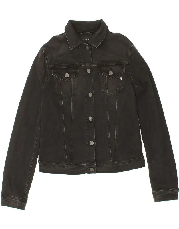 REPLAY Womens Denim Jacket UK 14 Large Black Trench Coat Raincoat Waterproof Jacket
