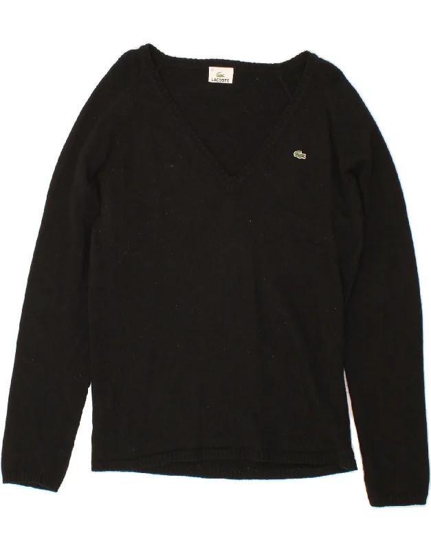 LACOSTE Womens V-Neck Jumper Sweater Size 46 XL Black Solid Color Striped Floral Print LACOSTE Womens V-Neck Jumper Sweater Size 46 XL Black Solid Color Striped Floral Print
