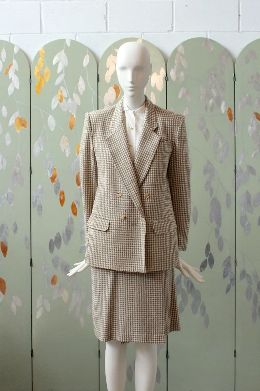 Vintage 1980s Cream And Beige Houndstooth Wool Wrap Skirt Set, S/M seamless skirt comfort