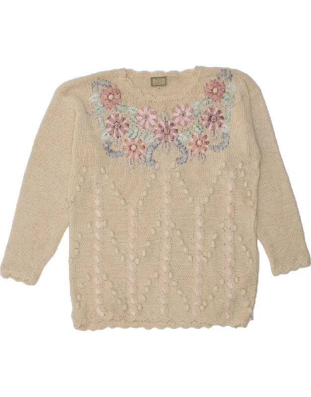 FOLLIE Womens Crew Neck Jumper Sweater UK 14 Medium Beige Floral Ramie Stylish Fashionable Trendy FOLLIE Womens Crew Neck Jumper Sweater UK 14 Medium Beige Floral Ramie Stylish Fashionable Trendy