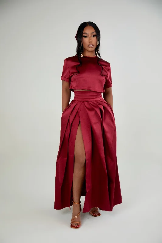 Dinner in St Tropez Burgundy Skirt Set wool skirt breathable