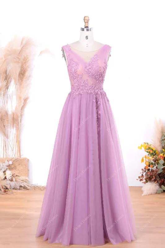 Lilac Illusion Beaded Lace Sexy Slit Illusion Top A-line Tulle Prom Dress Tunics Stylish elegant Lilac Illusion Beaded Lace Sexy Slit Illusion Top A-line Tulle Prom Dress Tunics Stylish elegant
