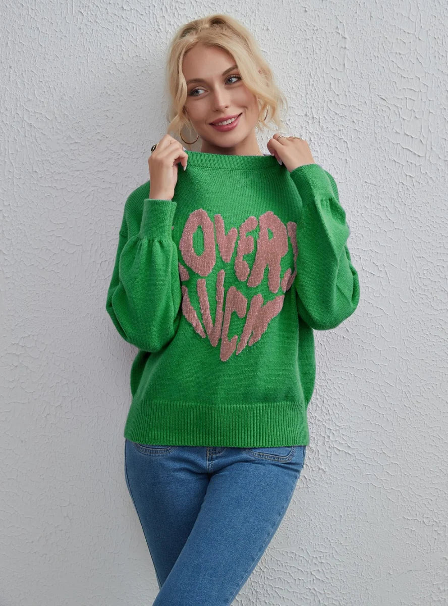 STYLISH LEISURE LOVE CONTRAST LOOSE SWEATER Mesh Blend Leather Blend Suede Blend