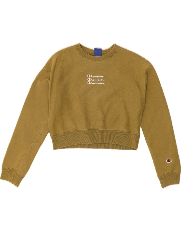 CHAMPION Womens Graphic Sweatshirt Jumper UK 10 Small Khaki Cotton Hoodie with Side Slits Relaxed Casual CHAMPION Womens Graphic Sweatshirt Jumper UK 10 Small Khaki Cotton Hoodie with Side Slits Relaxed Casual