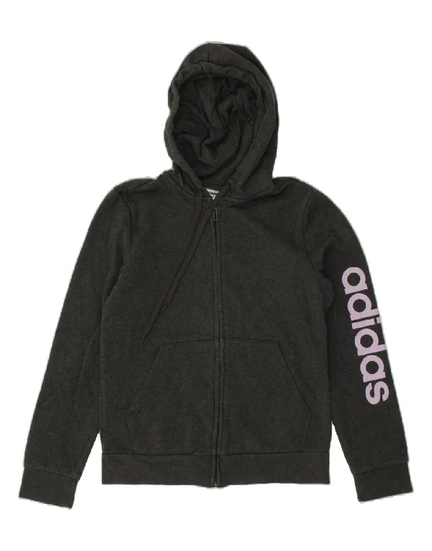 ADIDAS Womens Graphic Zip Hoodie Sweater UK 12/14 Medium Grey Cotton Hoodie with Set-In Sleeves Structured Classic