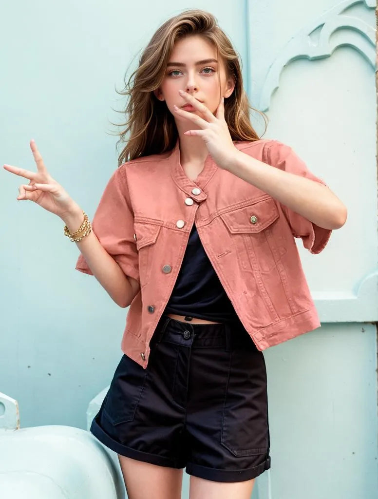 Pink Streetwear Summer Denim Coat Woman Casual O-Neck Short Sleeve Single-Breasted Thin Jeans Jacket Outwear Zippered Front Buttoned Front Snap Front Pink Streetwear Summer Denim Coat Woman Casual O-Neck Short Sleeve Single-Breasted Thin Jeans Jacket Outwear Zippered Front Buttoned Front Snap Front
