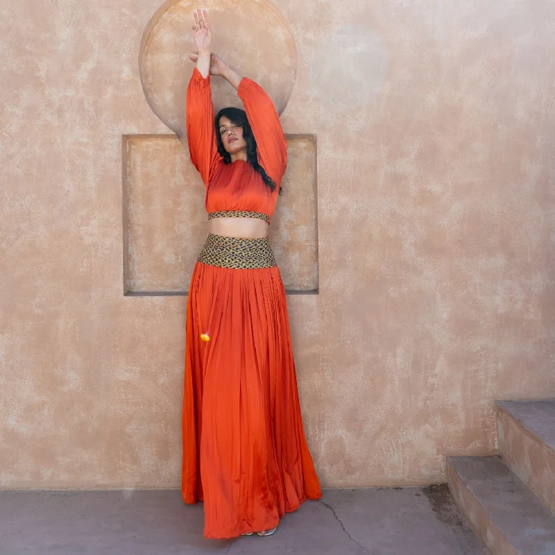 Orange Skirt Set Color-Blocked Braids | Modal | Contemporary Style wool skirt sturdy