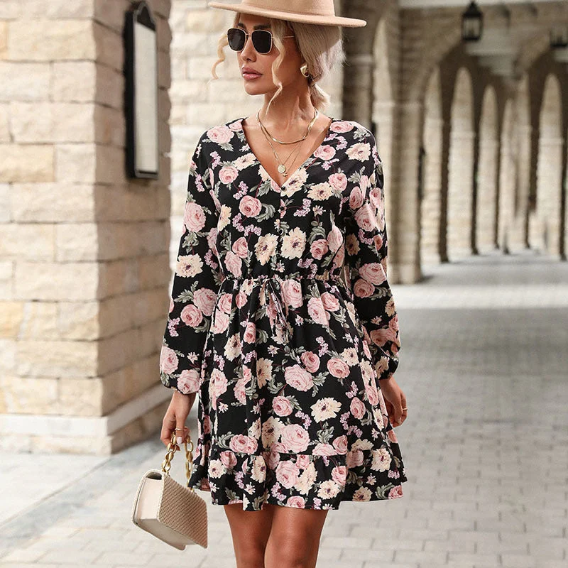 IKEARLAX cross-border women's clothing loose A-shaped skirt long-sleeved v-neck flower print dress wholesale Tunics Stylish elegant IKEARLAX cross-border women's clothing loose A-shaped skirt long-sleeved v-neck flower print dress wholesale Tunics Stylish elegant