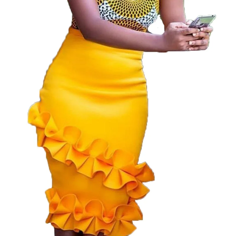 Fall Yellow Elegant High Waist Ruffles Elastic Pencil Women Office Skirts spandex blend skirt