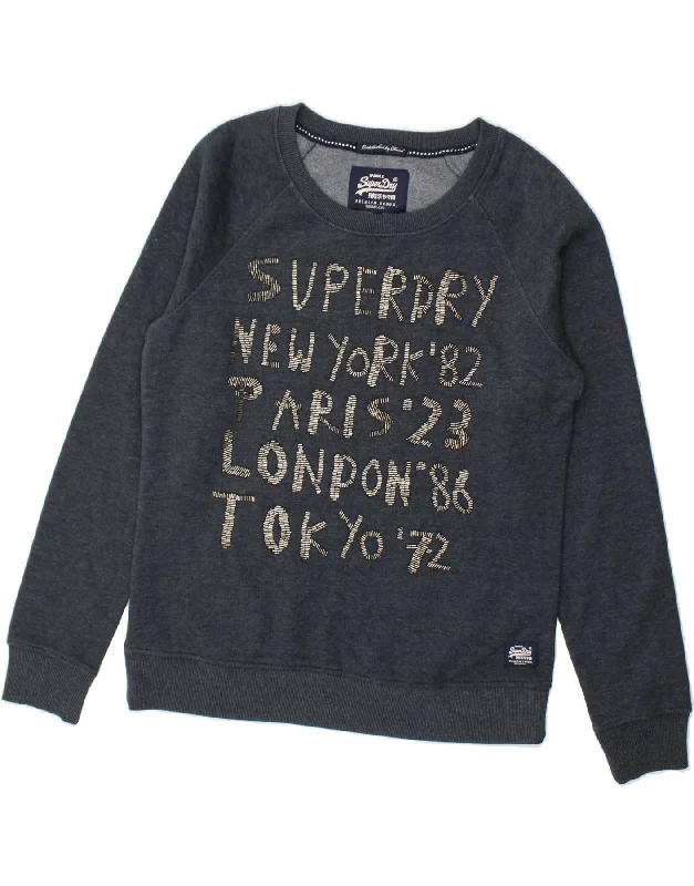 SUPERDRY Womens Graphic Sweatshirt Jumper UK 16 Large Grey Cotton Hoodie with Pattern Geometric Abstract SUPERDRY Womens Graphic Sweatshirt Jumper UK 16 Large Grey Cotton Hoodie with Pattern Geometric Abstract