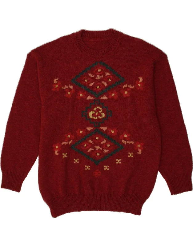 VINTAGE Womens Crew Neck Jumper Sweater UK 20 2XL Burgundy Fair Isle Wool Print Jacquard Patchwork VINTAGE Womens Crew Neck Jumper Sweater UK 20 2XL Burgundy Fair Isle Wool Print Jacquard Patchwork