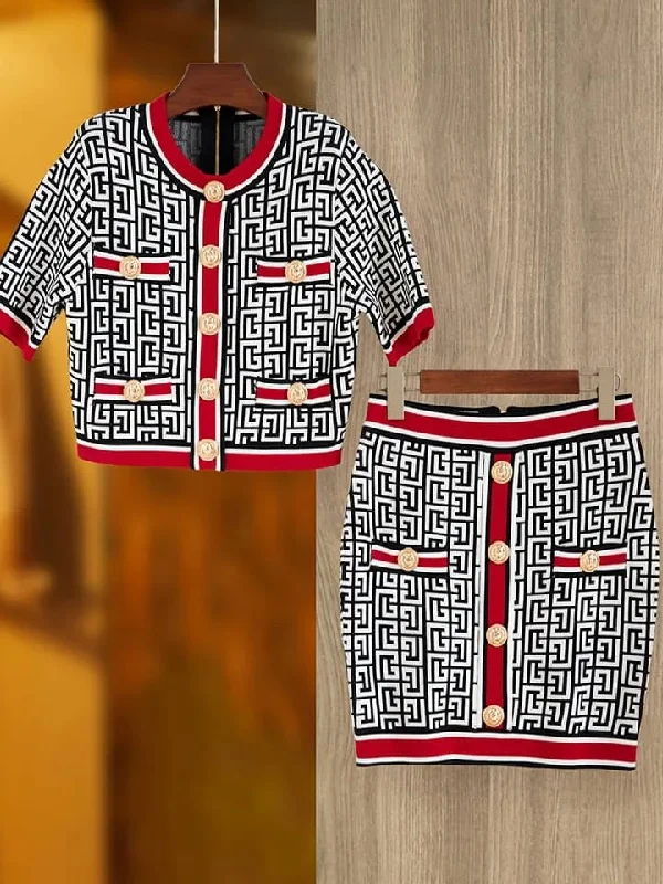 Print Red & Black Top & Skirt Coord Set satin skirt smooth
