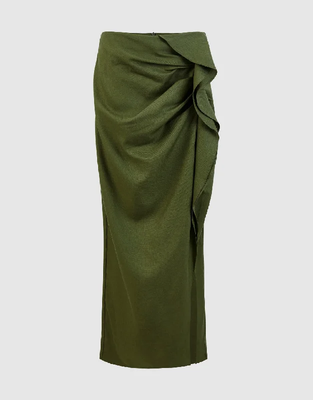 Ruffle Midi Straight Skirt silk skirt lustrous