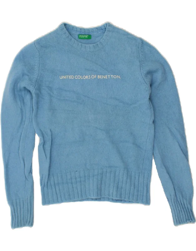 BENETTON Womens Graphic Crop Boat Neck Jumper Sweater UK 8 Small Blue High Neck Crew Neck V-Neck BENETTON Womens Graphic Crop Boat Neck Jumper Sweater UK 8 Small Blue High Neck Crew Neck V-Neck