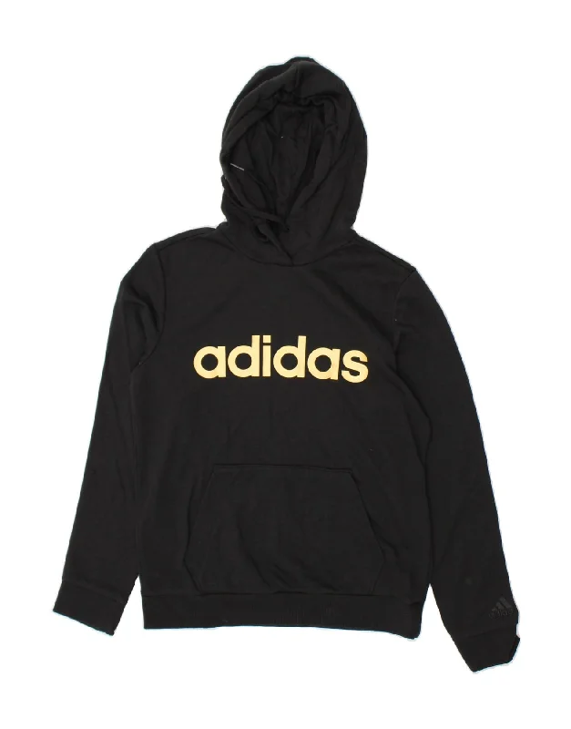 ADIDAS Womens Graphic Hoodie Jumper UK 8/10 Small Black Cotton Hoodie with Applique Textured Unique ADIDAS Womens Graphic Hoodie Jumper UK 8/10 Small Black Cotton Hoodie with Applique Textured Unique