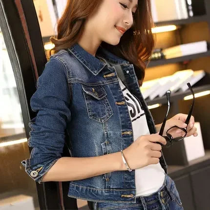 2023 Spring New Korean Style Slim Short Jacket Versatile Solid Color Long Sleeve Denim Jacket Women's Fashion Boat Neck Shawl Collar Notched Collar 2023 Spring New Korean Style Slim Short Jacket Versatile Solid Color Long Sleeve Denim Jacket Women's Fashion Boat Neck Shawl Collar Notched Collar