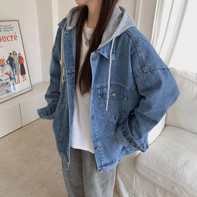Two-piece Illusion Hooded Denim Jacket Women's Loose Fit Design Sensibility Versatile Detachable Top Other Short Outerwear Welt Pockets Slit Pockets Flap Pockets Two-piece Illusion Hooded Denim Jacket Women's Loose Fit Design Sensibility Versatile Detachable Top Other Short Outerwear Welt Pockets Slit Pockets Flap Pockets